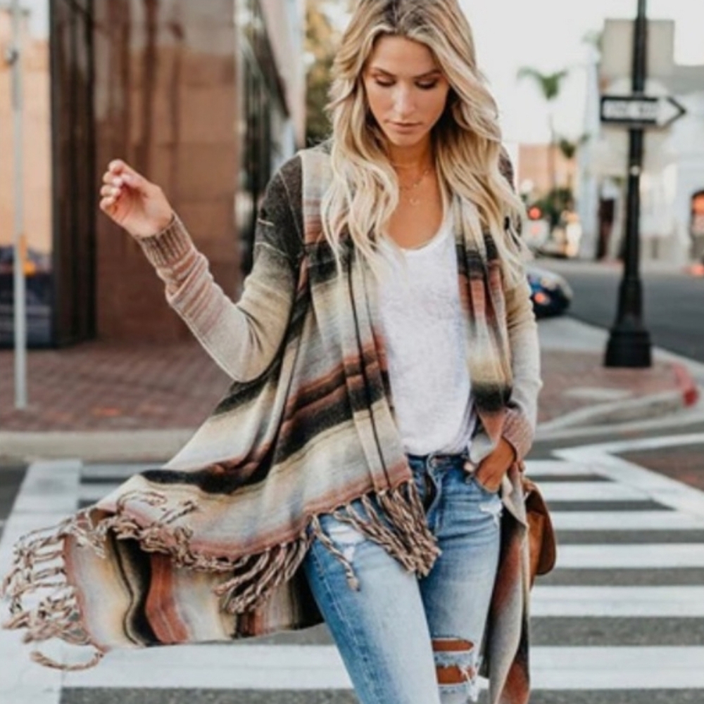 Multicolor Fringe Open Front Cardigan